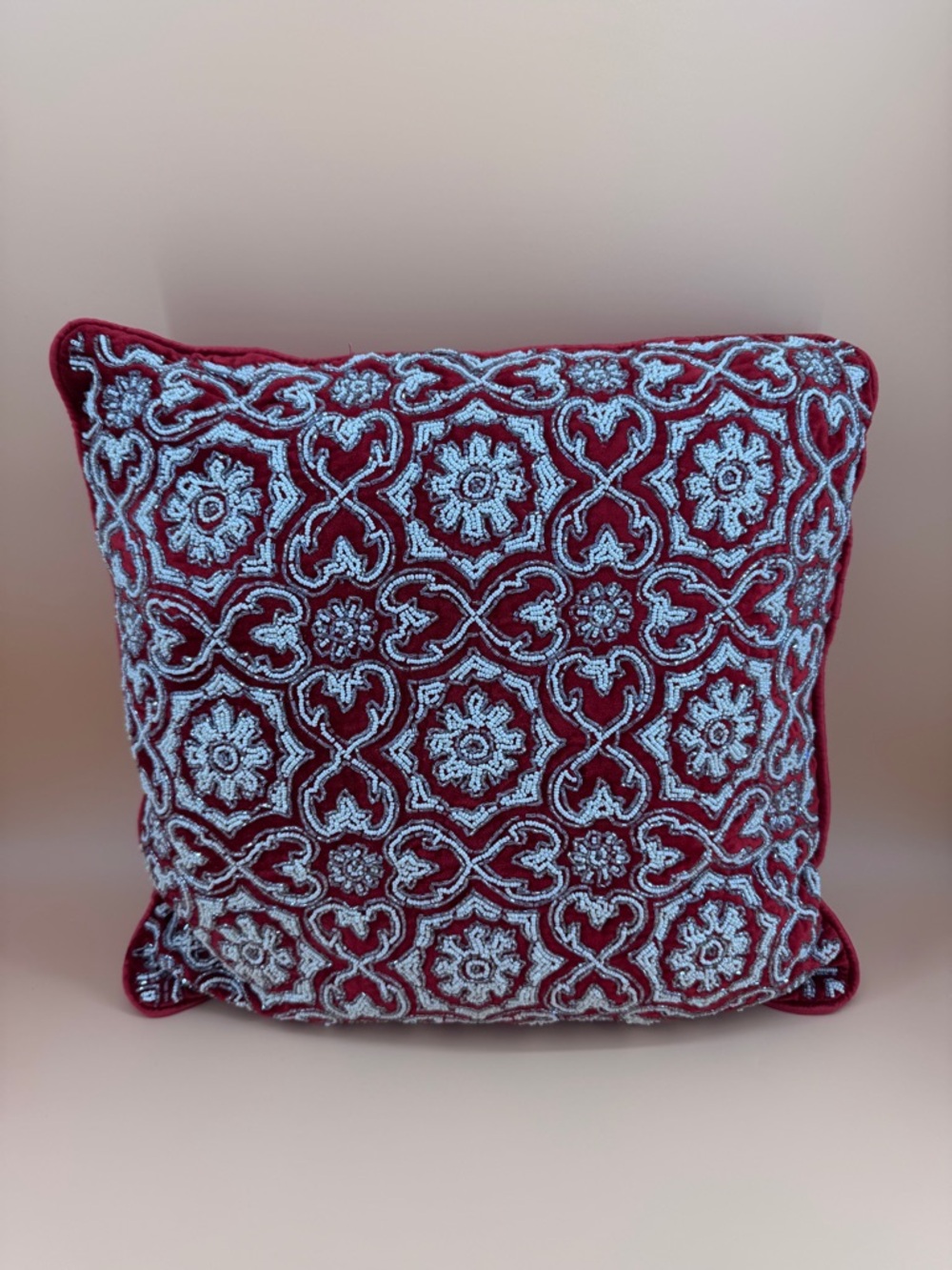 Embroidered Decorative Beaded Accent Throw Pillow Red 17”x17” Made in India